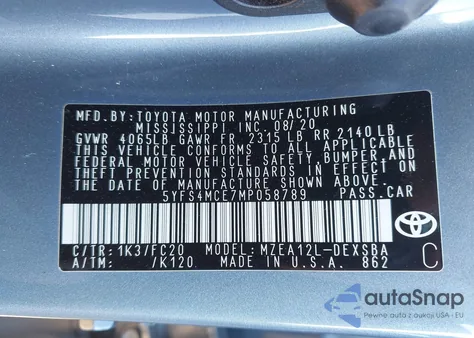 2021 Toyota Corolla Se from USA, damaged, VIN 5YFS4MCE7MP058789